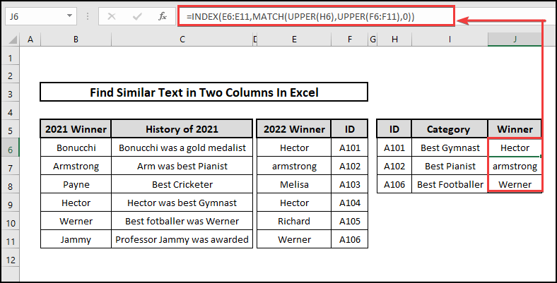 to find similar data use of INDEX, MATCH, and UPPER functions.