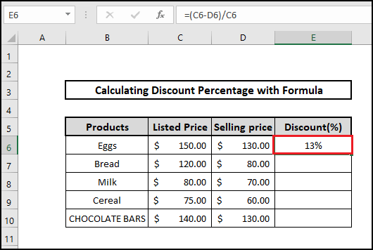 price difference result calculate discount percentage formula