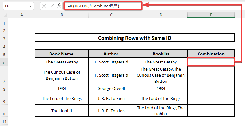 Combine Rows with Same ID in Excel by IF Function Formula 2