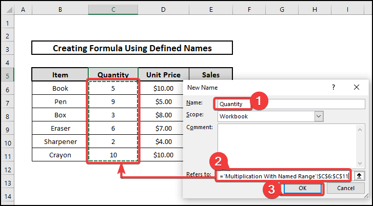 Create a Formula Using Defined Names in Excel (Multiplication Using Named Ranges)