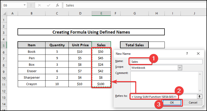 Create a Formula Using Defined Names in Excel (Adding Values Using SUM Function)