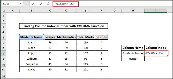 column function column index number formula