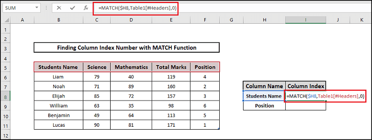 match function column index numbers formula