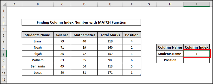 match function result column index numbers formula