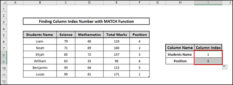 match function drag column index numbers formula