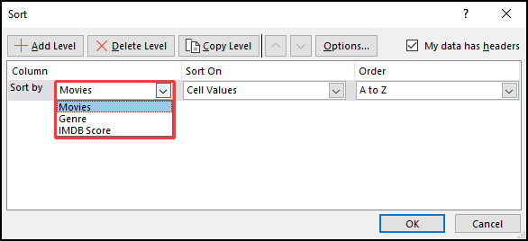 sort dialogue box sort by sort alphabetically with multiple columns