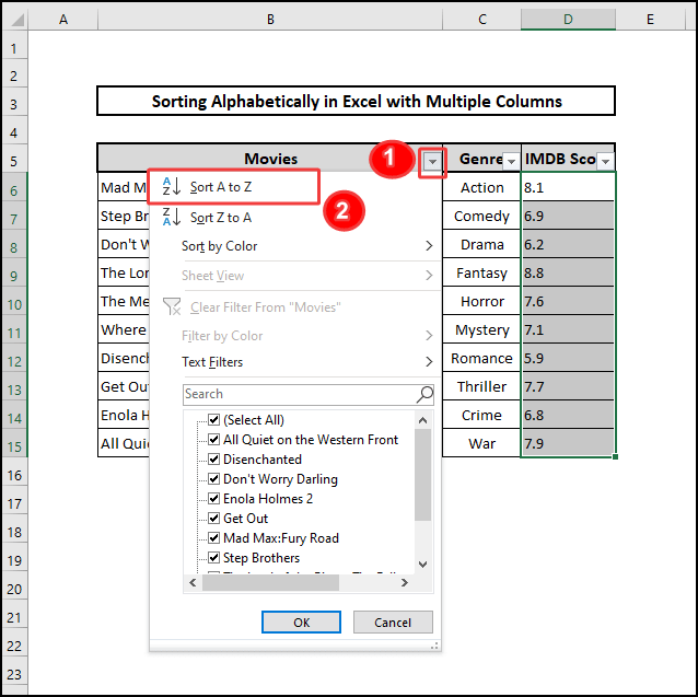 filter button sort alphabetically with multiple columns
