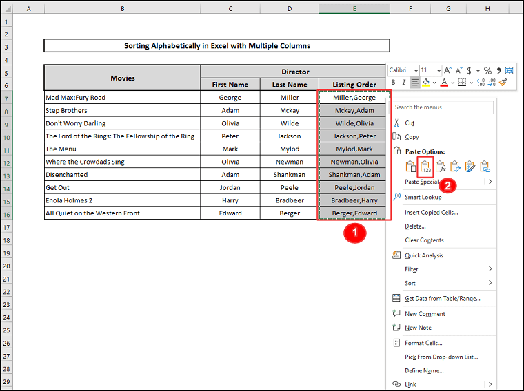 sort by last name paste value sort alphabetically with multiple columns