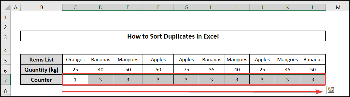 How to Sort Duplicates in Excel in row