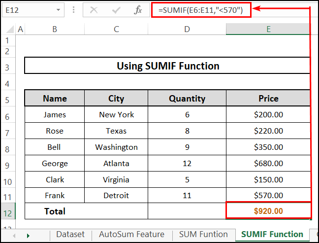 result of SUMIF function to add a range of cells in Excel