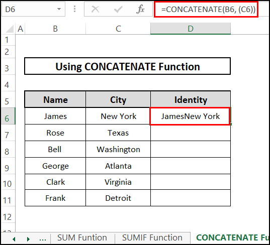 result of CONCATENATE function to add a range of cells in Excel