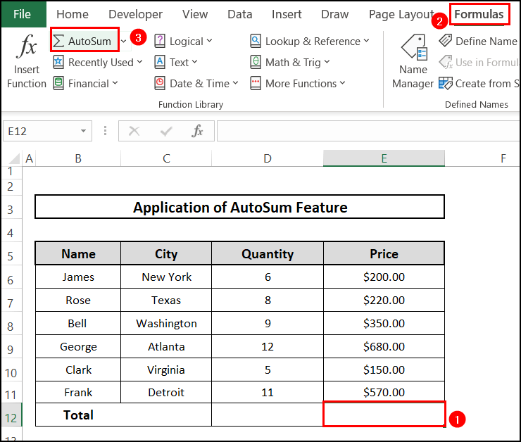 AutoSum feature to add a range of cells in Excel
