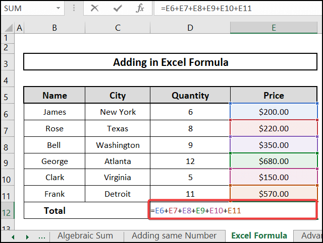 adding in Excel formula