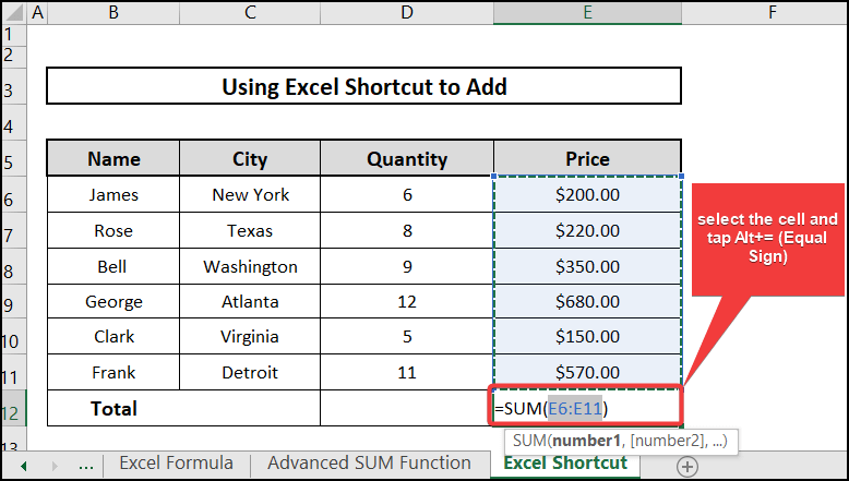 Using Excel shortcut