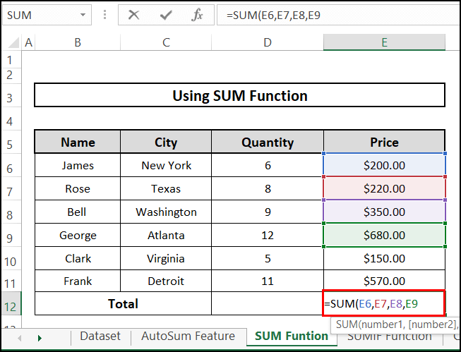 SUM function to add a range of cells in Excel