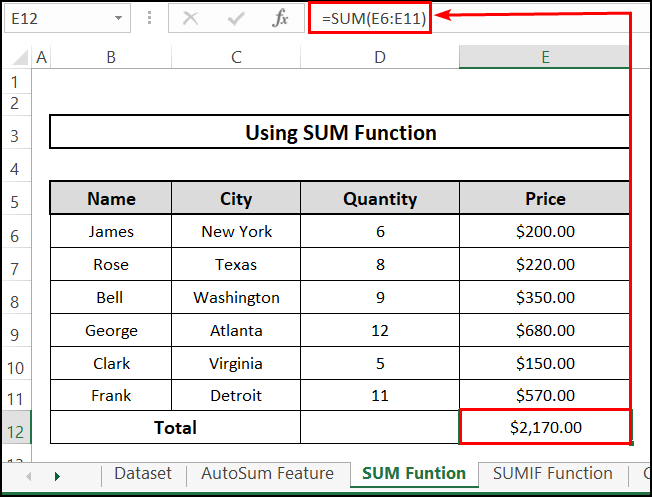 result of SUM function to add a range of cells in Excel
