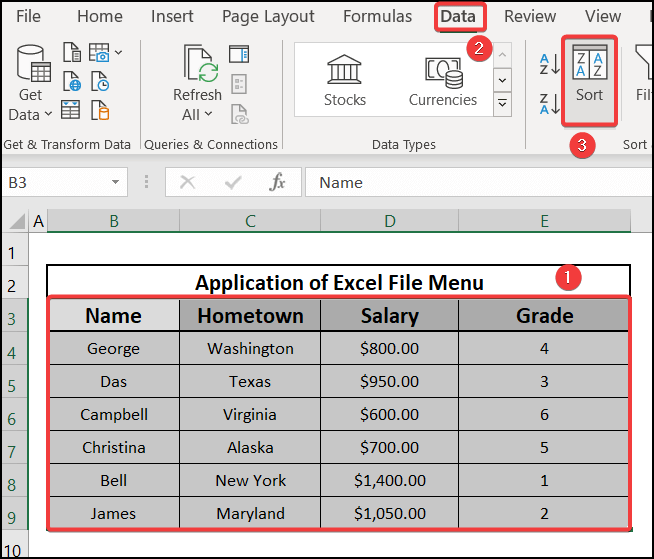 Application of Excel File Menu
