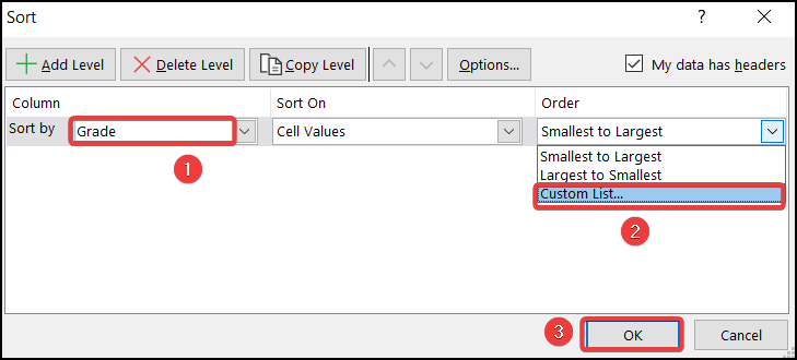 sort box to create custom sort list in Excel