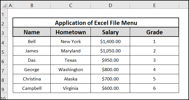 Results of using Excel File Menu