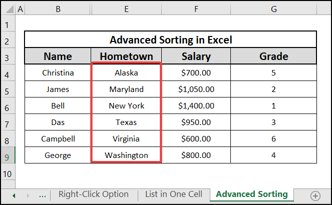 Result of advanced sorting in Excel