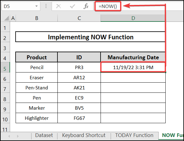 result of NOW Function how to enter date automatically in excel when data entered