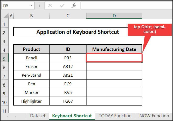 Application of Keyboard shortcuts to how to enter date automatically in Excel when data entered