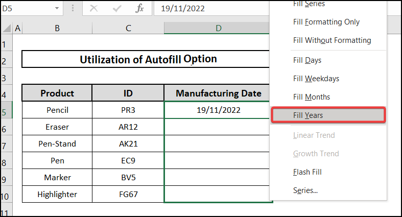 autofill option by years
