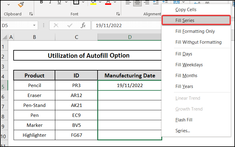 using of autofill by series