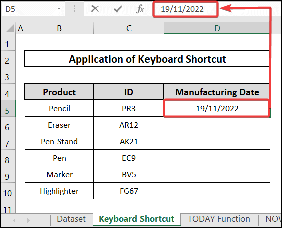 Application of keyboard shortcut to how to enter date automatically in excel when data entered