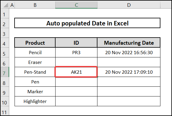 result of auto populating date in Excel