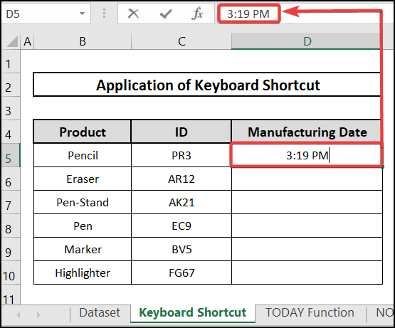 result of using keyboard shortcut to how to enter date automatically in excel when data entered