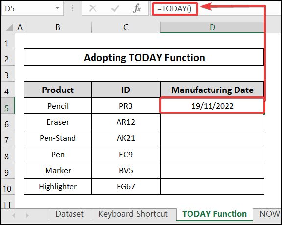 result of TODAY Function to how to enter date automatically in excel when data entered