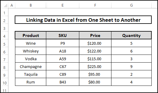 Dataset of Linking data in excel from one sheet to another