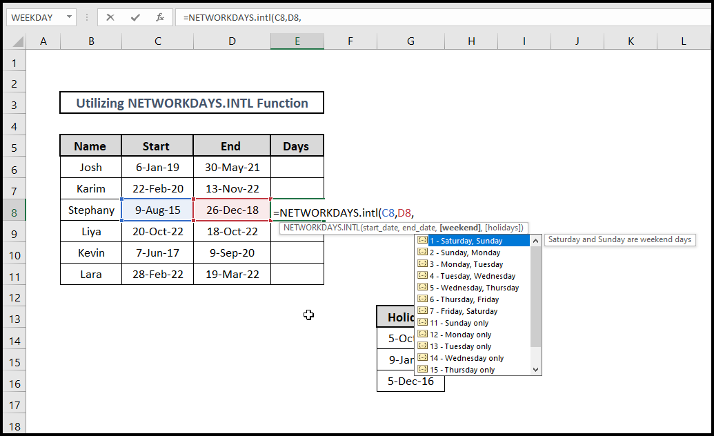 excel formula to count days from date custom weekend function