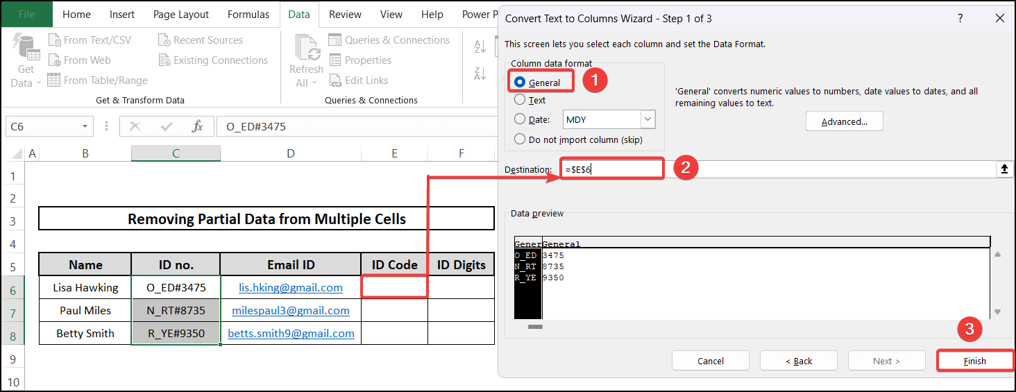 Separate data - removing partial data from multiple cells