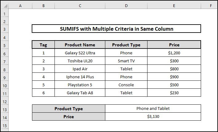SUMIFS with multiple criteria in same column for OR logic