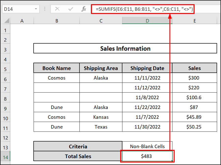Use of SUMIFS with Non-Blank Cells Criteria