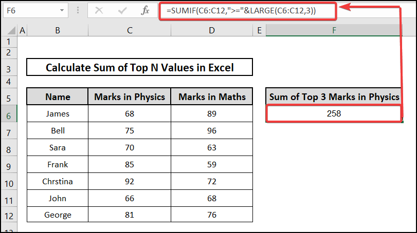 result of SUMIF and LARGE functions to calculate sum top N values in Excel