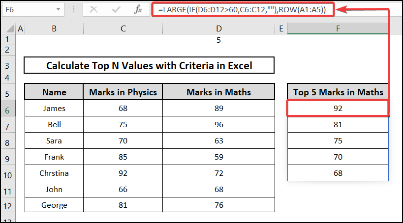 using LARGE and IF functions to calculate top N values with criteria in Excel
