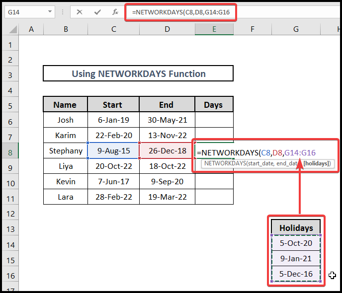 excel formula to count days from date without weekends