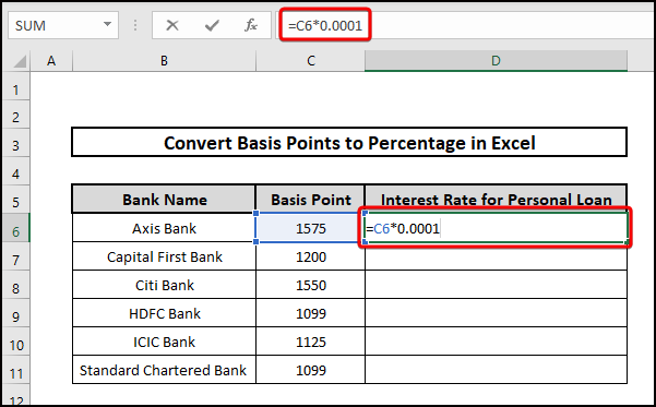 percentage from basis point in excel using this formula