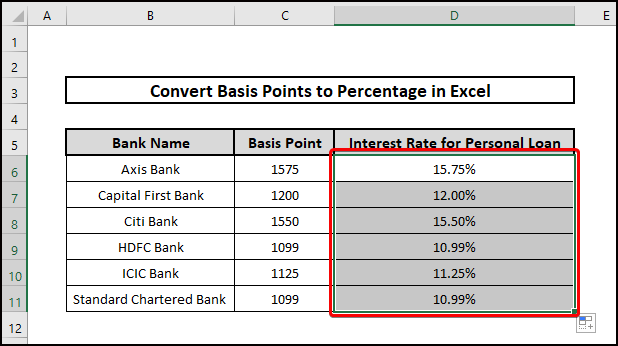 percentage from basis point in excel