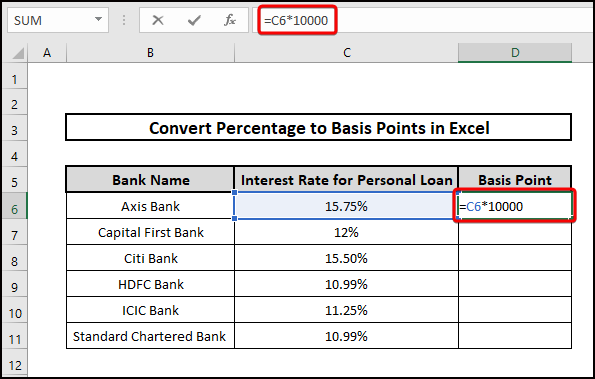 convert percentage to basis points formula in excel