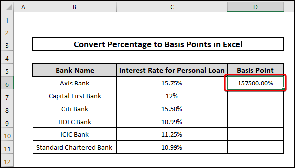convert percentage to basis points in excel getting percentage as answer