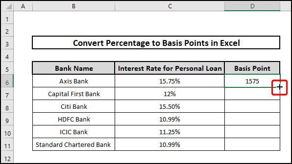convert percentage to basis points in excel using fill handle tool