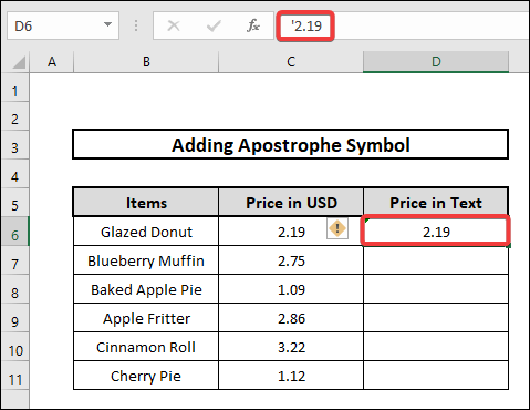 Adding an Apostrophe Symbol to Convert Number to Text in Excel