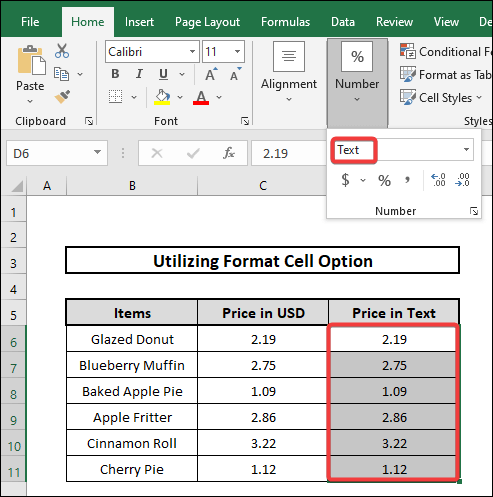 employing the Format Cell Option to Convert Number to Text with 2 decimal places in Excel
