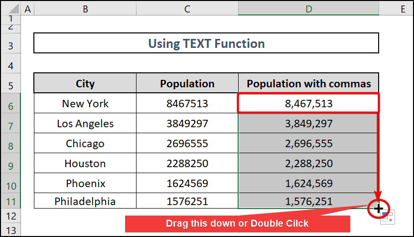 Copy formula-convert numbers to text with commas in excel