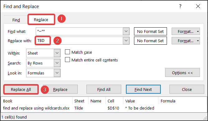 find and replace using tilde wildcard in excel