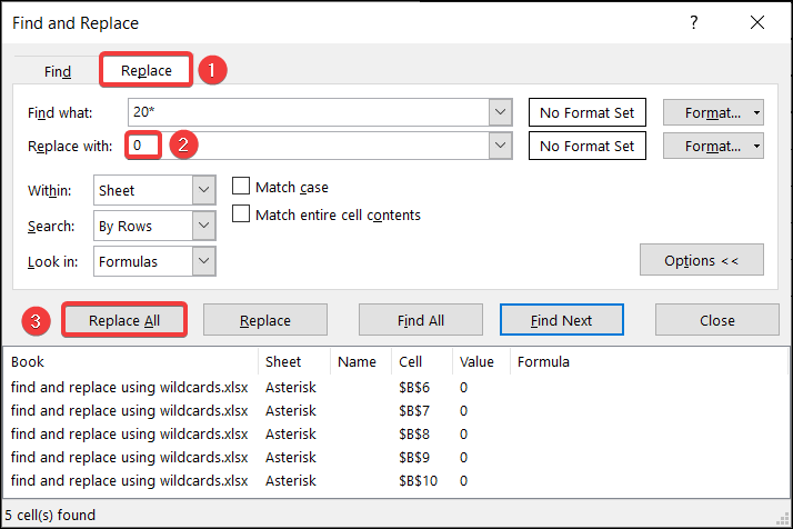 applying find and replace using asterisk wildcard in excel